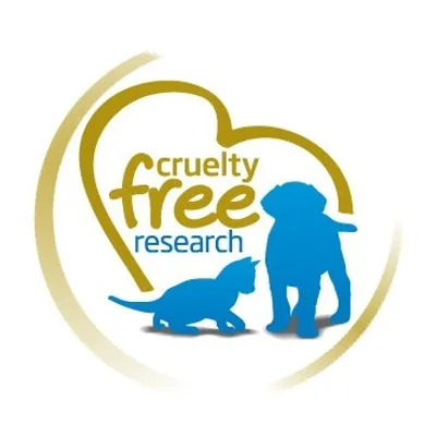 cruelty free research (αγγλικά), σιλουέτες γάτας και σκύλου με χρυσή καρδιά στο φόντο. Σήμα για έρευνα χωρίς δοκιμές σε ζώα.