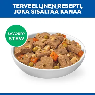 Kulhollinen muhennosta, lihakuutioita, herneitä ja porkkanoita. Teksti: Terveellinen resepti kanalla. Savoury Stew.