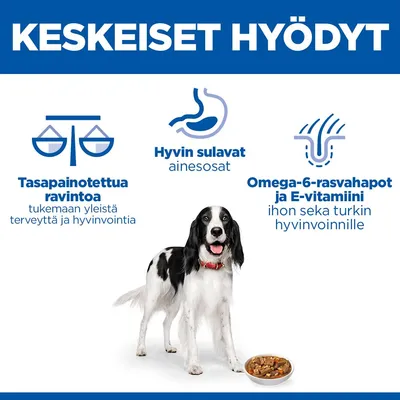 Grafiikka, jossa kolme etua: tasapainoinen ravinto, helposti sulavat ainesosat, omega-6-rasvahapot ja E-vitamiini iholle ja turkille. Kuvassa koira ruokakupin vieressä. Grafiikka, jossa kolme etua: tasapainoinen ravinto, helposti sulavat ainesosat, omega-6-rasvahapot ja E-vitamiini iholle ja turkille. Kuvassa koira ruokakupin vieressä.