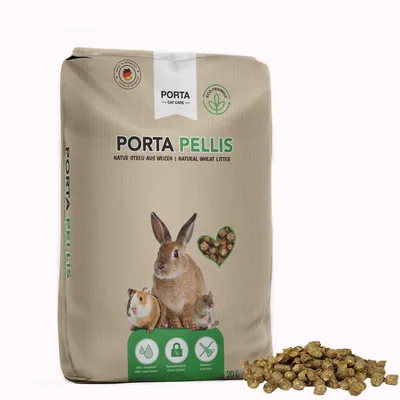 Saco de lecho de trigo natural PORTA PELLIS 20 L, con imágenes de conejo, cobaya y ratón. Texto visible: '40% Saugkraft', 'Geruchsbindend', 'Staubarm'.