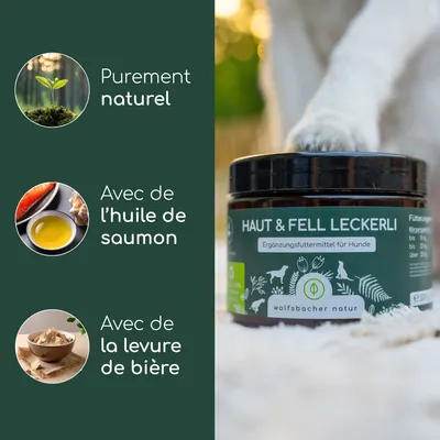 Complément alimentaire pour chiens Haut & Fourrure Leckerli de Wolfsbacher Natur. Purement naturel, avec huile de saumon et levure de bière selon la description de l'image. Complément alimentaire pour chiens Haut & Fourrure Leckerli de Wolfsbacher Natur. Purement naturel, avec huile de saumon et levure de bière selon la description de l'image.