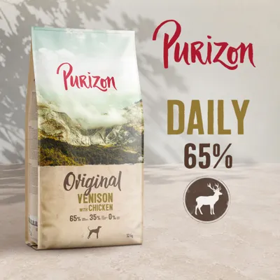 Purizon Original Venado con Pollo DAILY 65%. 65% carne, 35% verduras, 0% cereales. Pack de 12 kg, con símbolo de ciervo.