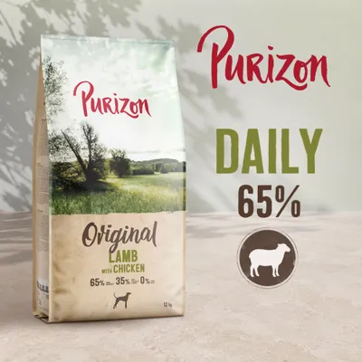 Purizon Original Lamb with Chicken, DAILY 65%, 65% lamb, 35% other ingredients, 0% grain, 12 kg bag shown. Purizon Original Lamb with Chicken, DAILY 65%, 65% lamb, 35% other ingredients, 0% grain, 12 kg bag shown.