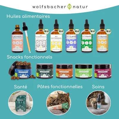 wolfsbacher natur Aperçu du produit : Huile de saumon, huile de cumin noir bio, huile d'onagre bio, huile de lin bio, huile de chanvre bio, levure de bière bio, différents snacks fonctionnels et produits de soin. wolfsbacher natur Aperçu du produit : Huile de saumon, huile de cumin noir bio, huile d'onagre bio, huile de lin bio, huile de chanvre bio, levure de bière bio, différents snacks fonctionnels et produits de soin.