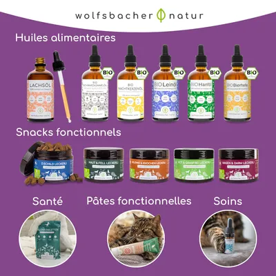 wolfsbacher natur : Huiles alimentaires telles que l'huile de saumon, l'huile de nigelle bio, snacks comme les friandises Z-Schild, friandises peau & fourrure, friandises articulations & os, pâtes fonctionnelles et comprimés. wolfsbacher natur : Huiles alimentaires telles que l'huile de saumon, l'huile de nigelle bio, snacks comme les friandises Z-Schild, friandises peau & fourrure, friandises articulations & os, pâtes fonctionnelles et comprimés.
