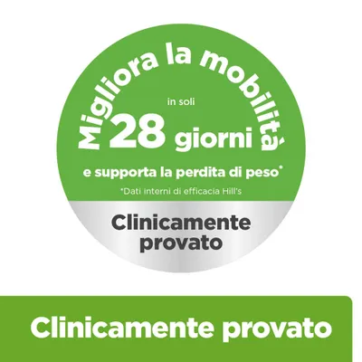 Migliora la mobilità in solo 28 giorni e favorisce la perdita di peso. Clinicamente testato. Dati interni sull'efficacia Hill’s. Migliora la mobilità in solo 28 giorni e favorisce la perdita di peso. Clinicamente testato. Dati interni sull'efficacia Hill’s.
