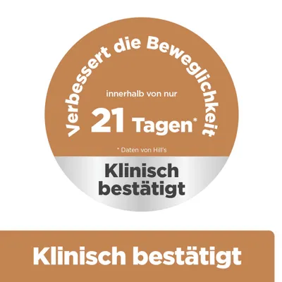 Verbessert die Beweglichkeit innerhalb von nur 21 Tagen. Klinisch bestätigt. Daten von Hill’s. Verbessert die Beweglichkeit innerhalb von nur 21 Tagen. Klinisch bestätigt. Daten von Hill’s.