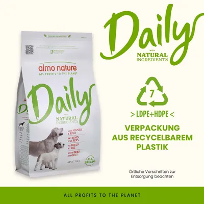 almo nature Daily mit natürlichen Zutaten, Rind und Reis. Verpackung aus recycelbarem LDPE+HDPE Plastik. Örtliche Vorschriften zur Entsorgung beachten. almo nature Daily mit natürlichen Zutaten, Rind und Reis. Verpackung aus recycelbarem LDPE+HDPE Plastik. Örtliche Vorschriften zur Entsorgung beachten.