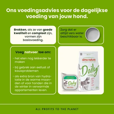 Voedingsadvies voor honden: Hoogwaardig droogvoer als basis, altijd vers water beschikbaar stellen, natvoer toevoegen om de acceptatie en hydratatie te verhogen. Voedingsadvies voor honden: Hoogwaardig droogvoer als basis, altijd vers water beschikbaar stellen, natvoer toevoegen om de acceptatie en hydratatie te verhogen.
