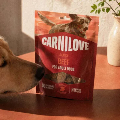 Carnilove Jerky marhahús felnőtt kutyáknak, 90% állati összetevő, gabona nélkül, burgonya nélkül. Csomagolás kutyás képpel.
