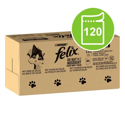 Purina Felix So Gut Wie Es Aussieht multipack box with 120 shown in green icon. Visible text includes mit Rind, Huhn, Thunfisch, Kabeljau en Gelee. Cat illustration on packaging.