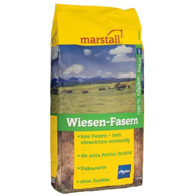 Sacchetto marstall Wiesen-Fasern, testo in tedesco: lose Fasern – kein einweichen notwendig, die extra Portion Struktur, fruktanarm, ohne Zusätze, 100 % Allgäuer-Natur, 15 kg.