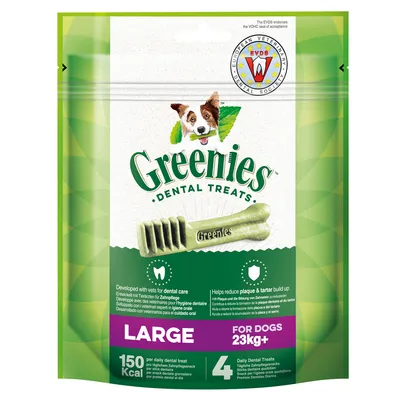 Greenies Dental Treats für Hunde ab 23kg, Grösse Large. Entwickelt mit Tierärzten zur Zahnpflege, hilft Plaque und Zahnstein zu reduzieren. 150 kcal pro Snack, 4 tägliche Snacks.