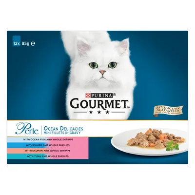 Gourmet Perle Ocean Delicacies mini fillets in gravy, 12 x 85g. Varieties: ocean fish and whole shrimps, plaice and whole shrimps, salmon and whole shrimps, tuna and whole shrimps.