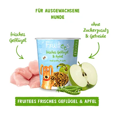 FRUITEES frisches Geflügel & Apfel, für ausgewachsene Hunde, ohne Zuckerzusatz und Getreide, mit frischem Geflügel und Apfel abgebildet. FRUITEES frisches Geflügel & Apfel, für ausgewachsene Hunde, ohne Zuckerzusatz und Getreide, mit frischem Geflügel und Apfel abgebildet.