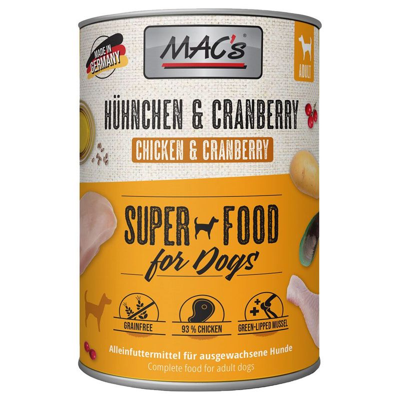 MAC's Huhnchen & Cranberry Super Food for Dogs, alimento completo per cani adulti, grainfree, 93% pollo, green-lipped mussel, Made in Germany. Testo anche in inglese e tedesco.