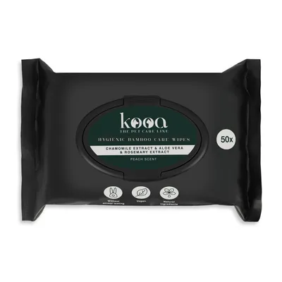 kooa Hygienic Bamboo Care Wipes mit Kamillenextrakt, Aloe Vera und Rosmarinextrakt. Pfirsichduft, vegan, ohne Tierversuche, natürliche Inhaltsstoffe. Packung mit 50 Tüchern.