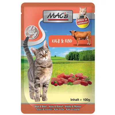 MAC's Kalb & Rind, Made in Germany, Grain Free. Опаковка с котка, телешко и говеждо месо, съдържание 100g. Видими парчета месо и пейзаж на заден план.