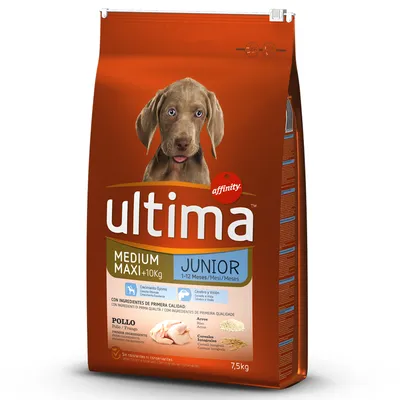 Saco de pienso para perros Affinity Ultima Medium Maxi Junior, +10 kg, 1–12 meses, pollo como primer ingrediente, arroz y cereales integrales, sin colorantes ni conservantes, 7,5 kg.