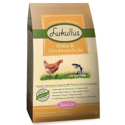 Sac hrană Lukullus Huhn & Nordmeerlaсhs Junior, 15 kg, cu pui și somon norvegian, text vizibil: Premium food for young dogs, cold pressed, high-quality proteins, exquisite meat.