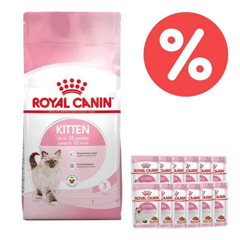 Mix-Probierpaket 400 g Royal Canin Kitten Trockenfutter + 12 x 85 g Pouch