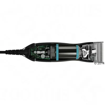 Vue en coupe d'une tondeuse électrique avec composants internes visibles, y compris moteur, circuit imprimé et lames métalliques.