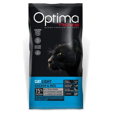 Optimanova Cat Light Chicken & Rice, 75 % chicken (40 % fresh, 30 % dehydrated, 5 % hydrolyzed), oméga 3 et 6, protection peau et pelage, FOS-MOS, L-carnitine, sans OGM