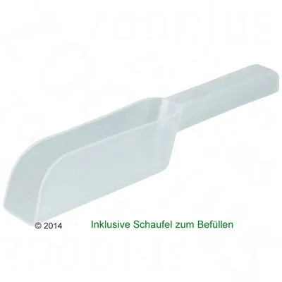 Läpinäkyvä muovinen kauha. Kuvassa vihreä teksti: Inklusive Schaufel zum Befüllen.