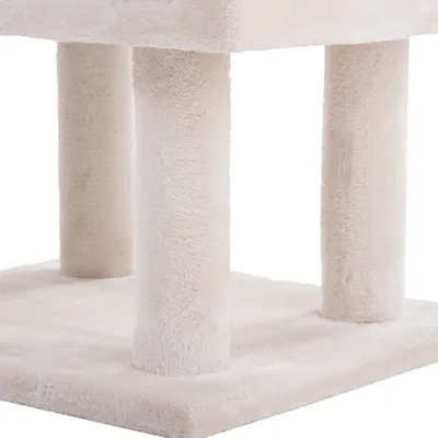 Base e colonne rivestite in tessuto chiaro di un tiragraffi per gatti, struttura quadrata con tre pilastri visibili.