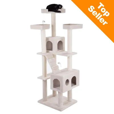 Multi-level beige cat tree with platforms, two enclosed spaces, ladder, hanging toys, and a black and white cat lying on the top perch. Orange 'Top Seller' banner in corner.