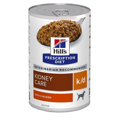 Scatola di Hill's Prescription Diet Kidney Care k/d con pollo, alimento per cani. Testo visibile: 'Veterinarian recommended', 'Dog food'. Immagine del prodotto sulla confezione.