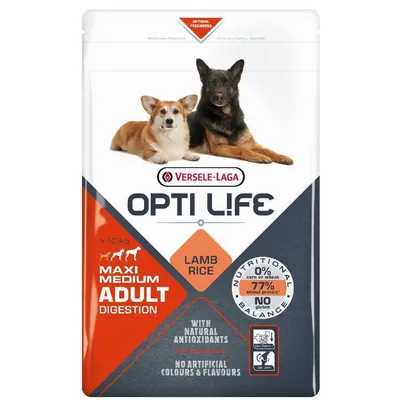 Versele-Laga Opti Life Maxi Medium Adult Digestion hundfoder, lamm och ris. 0 % majs eller vete, 77 % animaliskt protein, inga konstgjorda färger eller smaker, med naturliga antioxidanter.