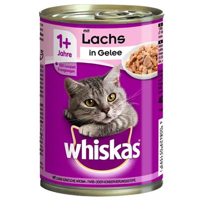 Conservă Whiskas pentru pisici adulte 1+ ani, cu somon în aspic, 400 g. Text vizibil: „mit Lachs in Gelee”, „100% komplett & ausgewogen”. Ambalaj mov cu imagine de pisică gri.