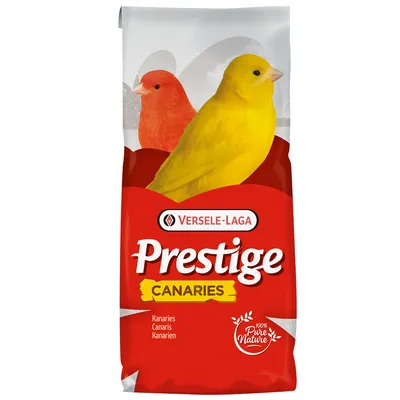 Versele-Laga Prestige Canaries, alimento para canarios con 100% Pure Nature, canarios rojos y amarillos en envase rojo.