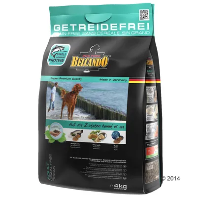 Balení Belcando Dog Food Adult Grain-Free Ocean 4 kg, nápisy: GETREIDEFREI, SINGLE animal PROTEIN, Super Premium Quality, Made in Germany, obrázky sledě, amarantu a krillu.