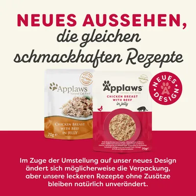 Applaws Natural Cat Food. Новый дизайн, тот же вкусный рецепт. Упаковка может измениться, рецепт без изменений: куриная грудка с говядиной в желе, без добавок.