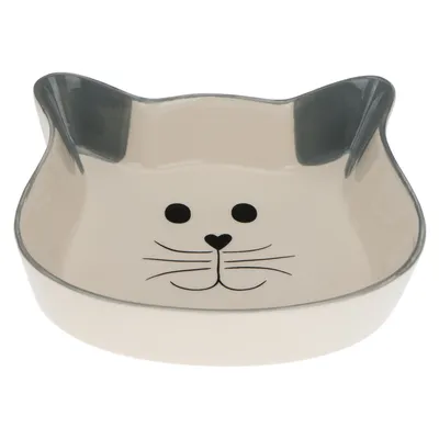 Bol ceramic în formă de pisică, cu urechi gri și față de pisică neagră pe fundal crem.