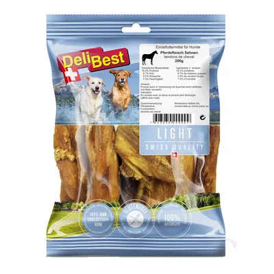 DeliBest tendons de cheval pour chiens, 200g. Texte visible : LIGHT SWISS QUALITY, sans gluten, 100% naturel. Analyse : protéines 76,7 %, matières grasses 8,3 %, cendres brutes 6,5 %, humidité 7,5 %.