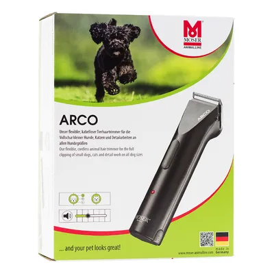 Tondeuse pour animaux MOSER ARCO, sans fil, adaptée aux chiens et chats. Texte visible : made in Germany, www.moser-animalline.com, ...and your pet looks great!