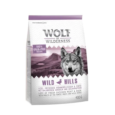 Wolf of Wilderness Wild Hills, 100% bezobilná receptura, mnoho čerstvého kuřecího masa a kachna s lesními plody, kořeny a bylinkami, 400g.