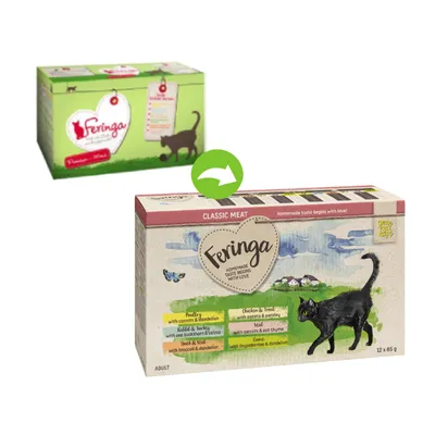 Packaging change from green Feringa box to new design showing classic meat selection with poultry, rabbit, duck, chicken, veal and game varieties for adult pets, 12 x 85g.