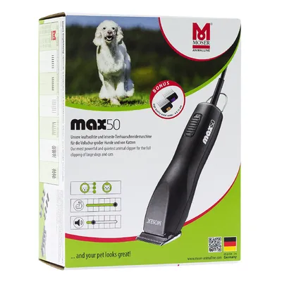 Tondeuse MOSER max50 pour chiens et chats, bonus peigne métallique inclus, échelle d’évaluation avec 3 critères, texte en anglais et allemand, fabriqué en Allemagne.