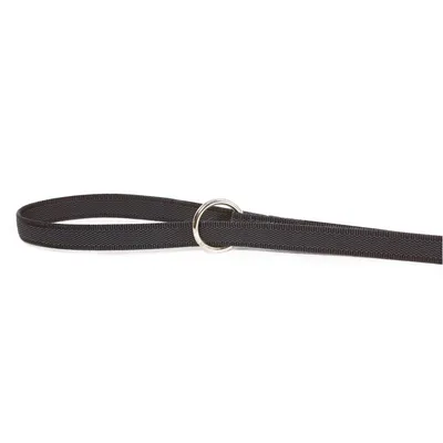 Schwarze Hundeleine aus Nylon mit silbernem Metallring, geeignet für Spaziergänge und Training.