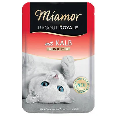 Miamor Ragout Royale con vitello in gelatina. Senza soia, senza zuccheri aggiunti, con pezzetti e taurina. Nuovo.