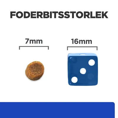 Foderbitsstorlek: foderbit 7 mm bred jämförs med en blå tärning 16 mm bred. Texten 'FODERBITSSTORLEK', '7 mm' och '16 mm' syns ovanför respektive objekt.