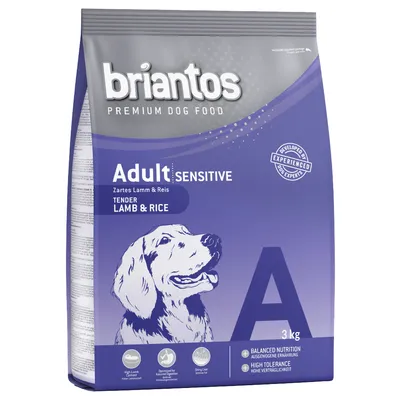 Balení briantos PREMIUM DOG FOOD Adult Sensitive Tender Lamb & Rice, 3 kg. Vyvážená výživa, vysoká tolerance. Ilustrace psa na obalu.