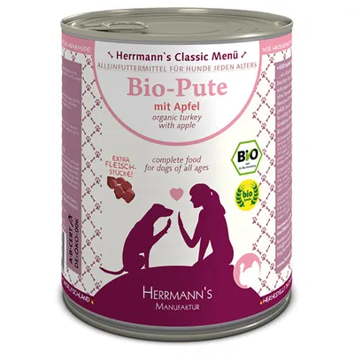 Herrmann's Classic Menü Bio-Pute mit Apfel, popolna hrana za pse vseh starosti, ekološka puranja z jabolkom, certifikata BIO in bio, 400 g pločevinka.
