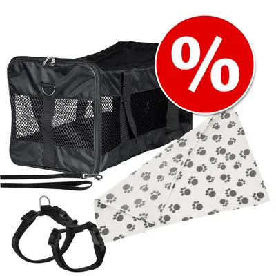 Transporttasche mit Netzfenstern, schwarzes Geschirr und weißes Halstuch mit Pfotenmuster. Rotes Rabatt-Symbol mit Prozentzeichen.