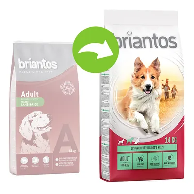 briantos Adult Lamb & Rice koiranruokapakkaus 14 kg, uusi ja vanha pakkaus vierekkäin, vihreä nuoli osoittaa muutosta pakkauksessa