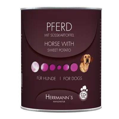 Herrmann's Manufaktur dåse med teksten: PFERD MIT SÜSSKARTOFFEL, HORSE WITH SWEET POTATO, FÜR HUNDE, FOR DOGS. Billede af hund og CO2 neutral mærke synligt.